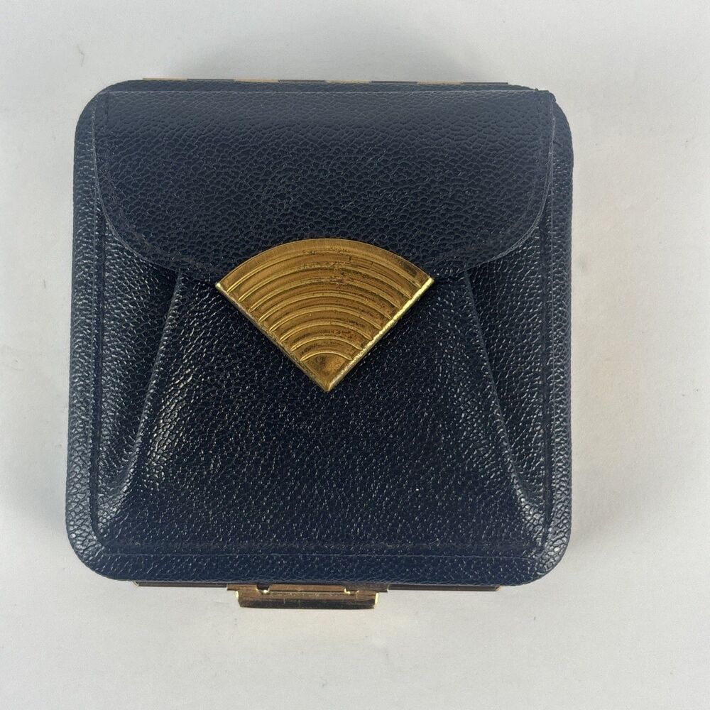 Lin Bren Compact Cosmetic Powder Coin Purse Navy Blue Gold Accents